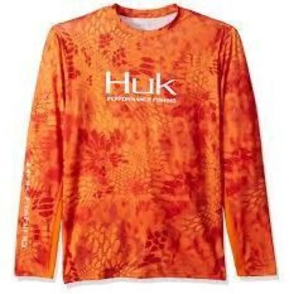 HUK Men’s Camo Performance Fishing Shirt Sz L Orange